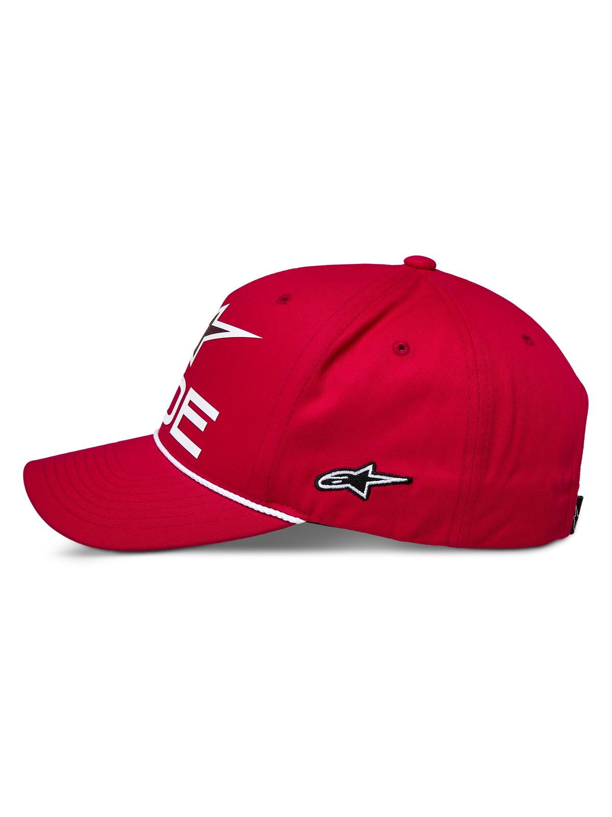 Alpinestars Ride Comp Snapback Hat, Red, Side Profile, White Embroidered Star Logo, Braided Rope Trim, Curved Bill, Casual Motorsport Sportswear