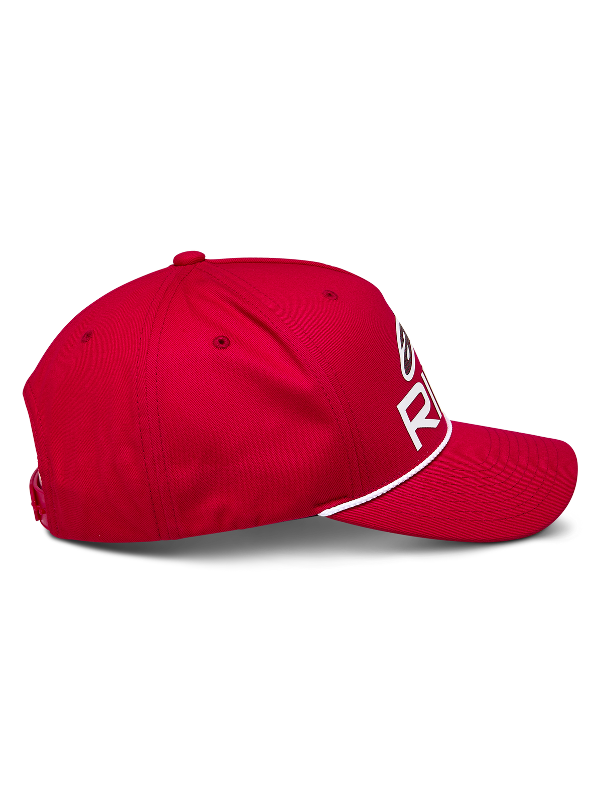 Alpinestars Ride Comp Snapback Hat, Red, side profile view, curved bill with white braided rope trim, structured crown with white Astars Ride logo, casual motorsport headwear