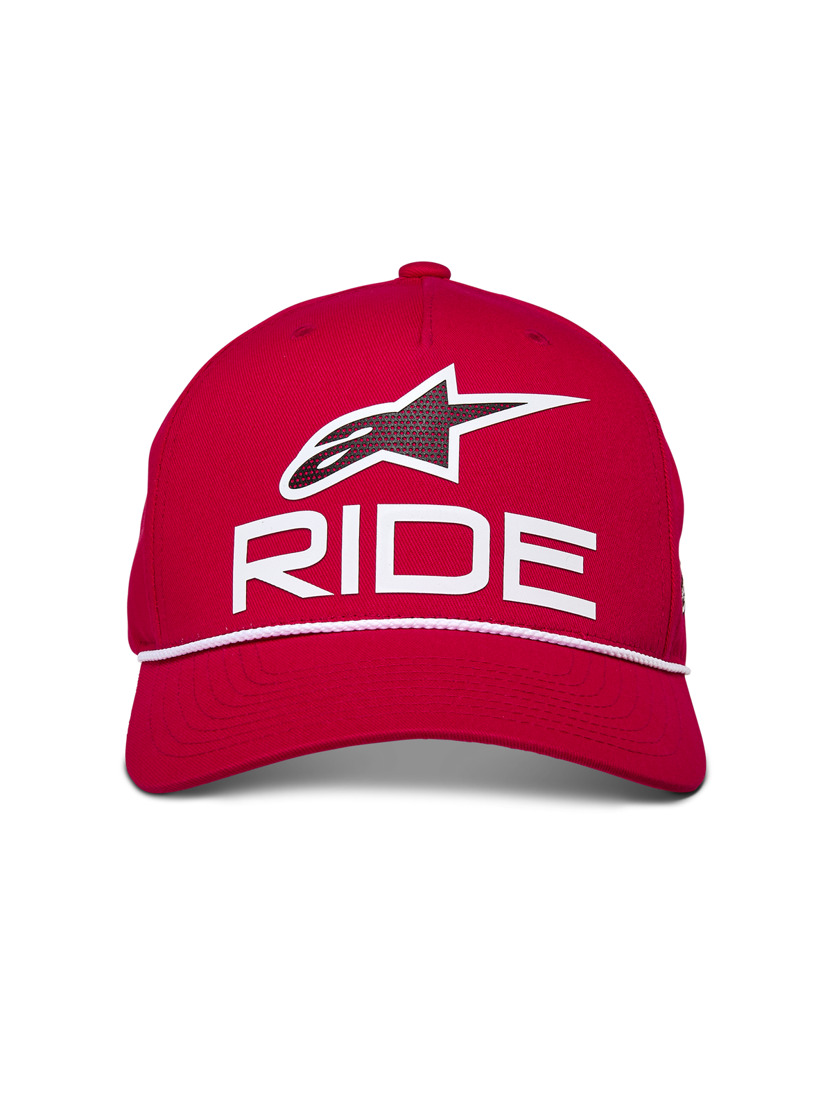 Alpinestars Ride Comp Snapback Hat, Red with White and Black, featuring 3D Astars Ride logo and white braided rope trim, structured crown with curved bill, casual motorsport-inspired headwear