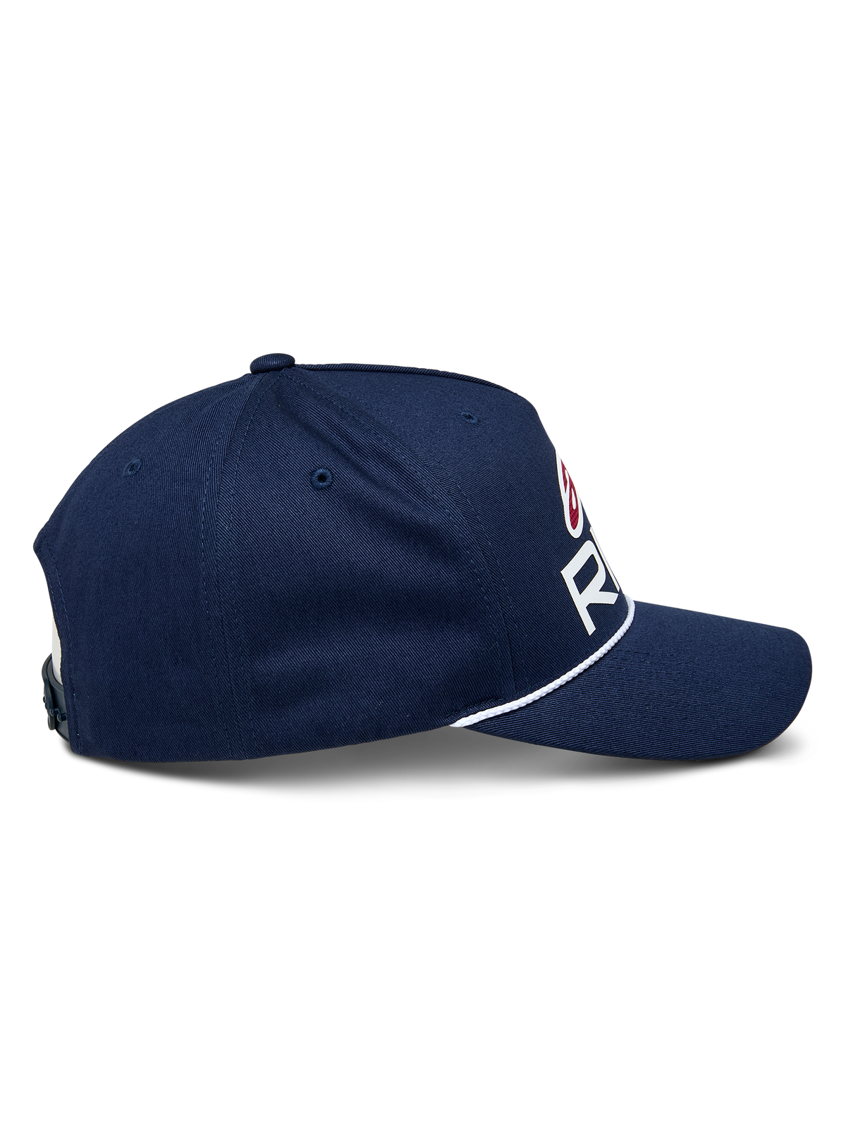 Alpinestars Ride Comp Snapback Hat, Navy Blue with White and Red accents, side profile view showing curved bill and white braided rope trim, structured crown, casual motorsport headwear