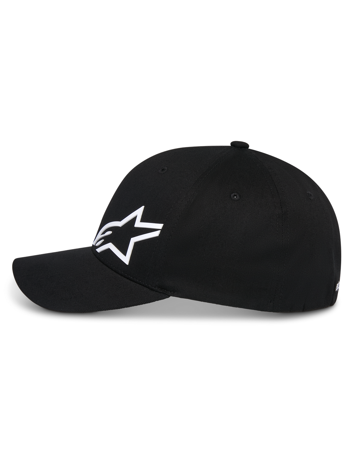Alpinestars Corp Shift Multi Hat, Black Baseball Cap, side profile view, white 3D Astars logo on the front, curved bill, structured crown, casual motorsport-inspired streetwear