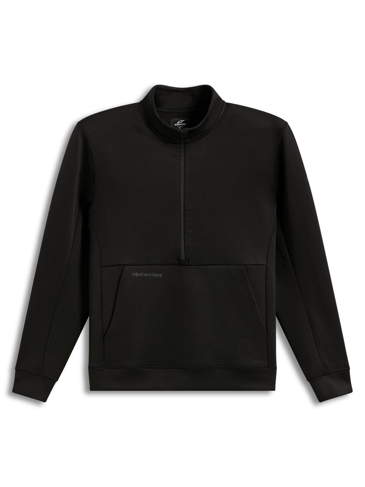 Alpinestars Apera Half-Zip Sweatshirt, black performance sportswear fleece with tonal branding and kangaroo pocket.