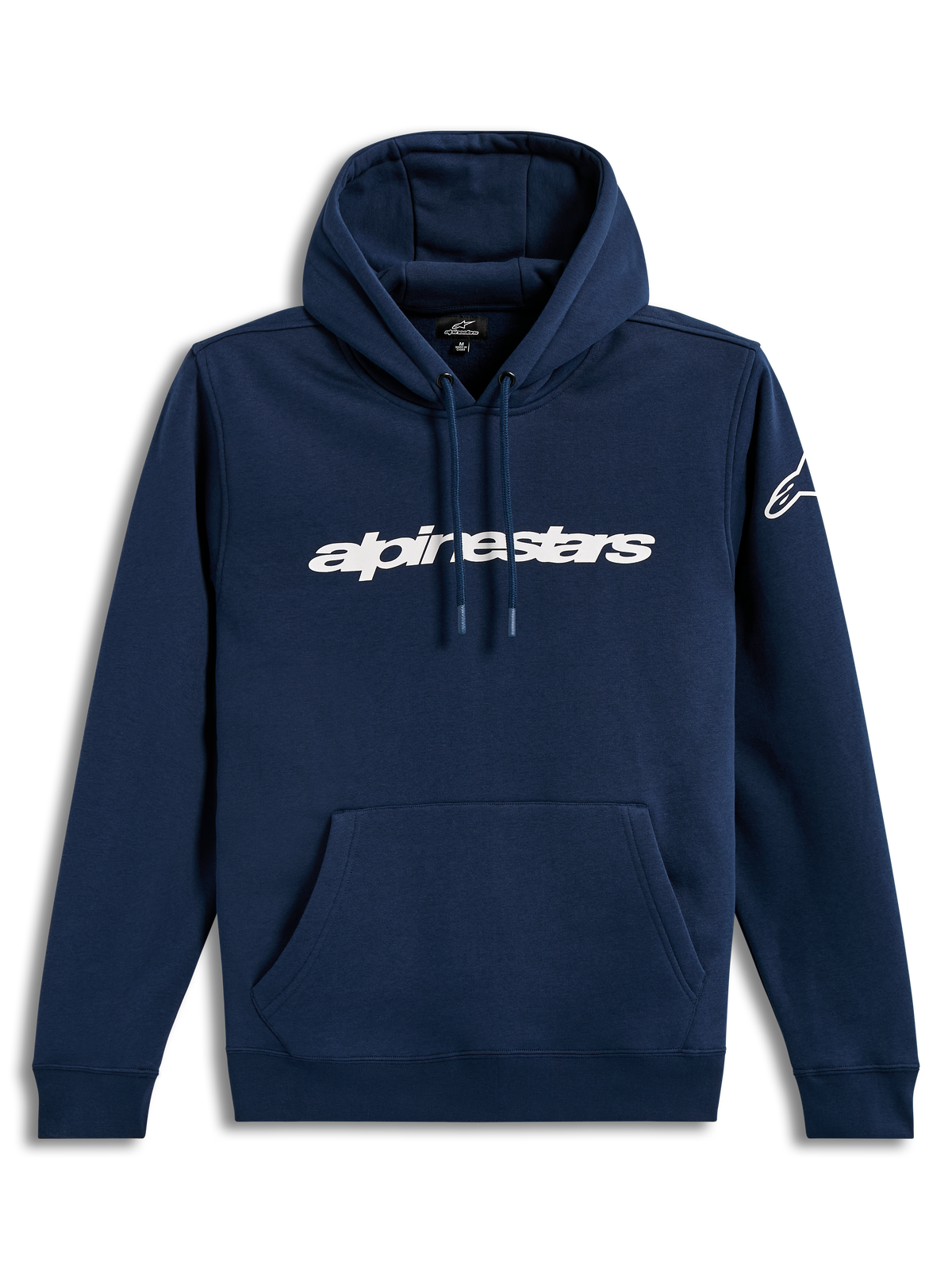 Alpinestars Race Wordmark Hoodie, Navy blue and white sportswear pullover with bold logo graphics and a front pouch pocket.