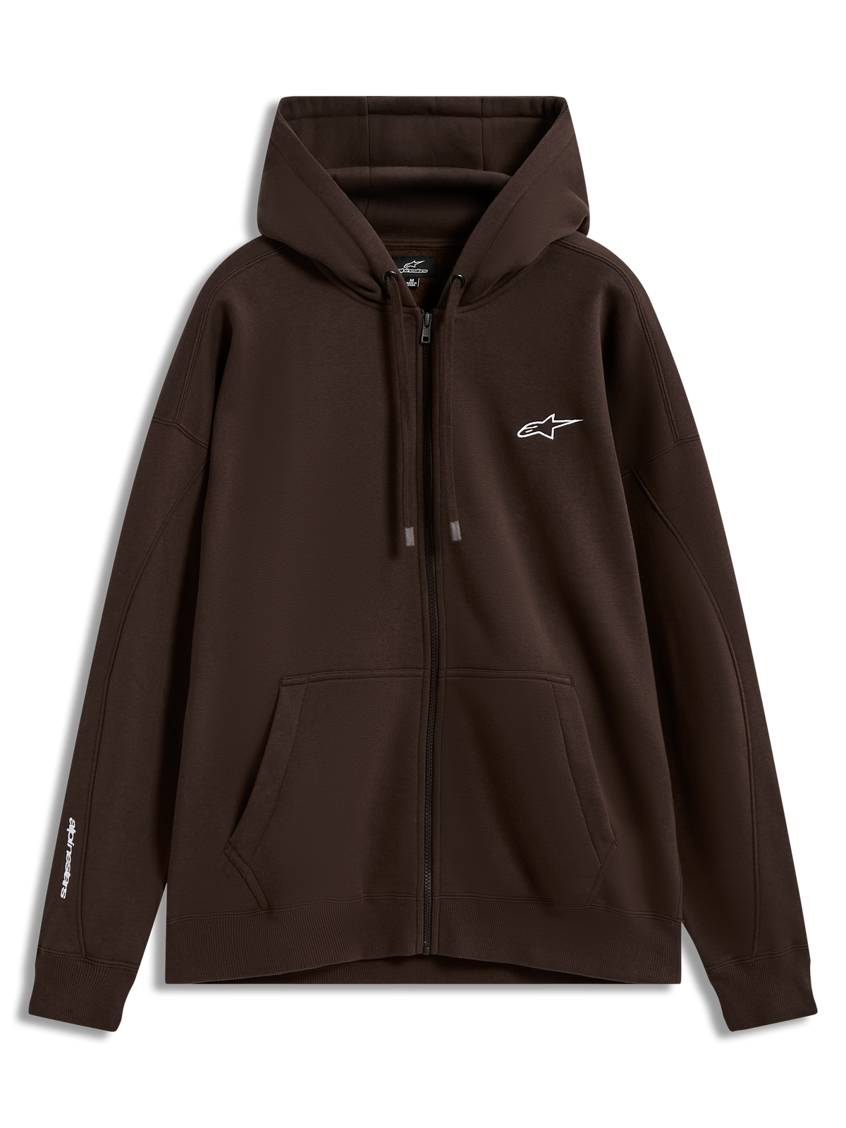 Alpinestars Entity Oversized Hoodie, Brown Zip-Up Sportswear Fleece with white chest and sleeve logos and kangaroo pocket.
