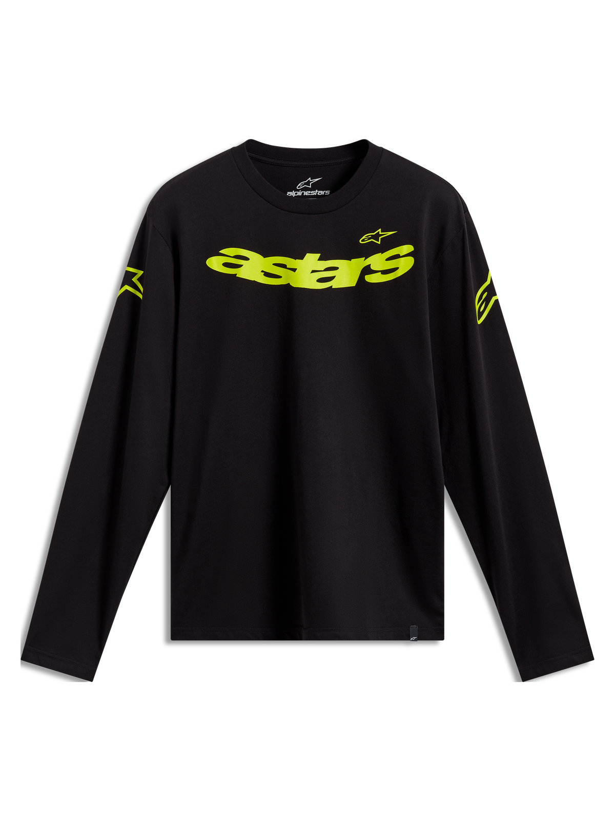 Alpinestars Velocifier CSF Long Sleeve Tee in black, featuring a neon yellow curved Astars graphic and shoulder logos.