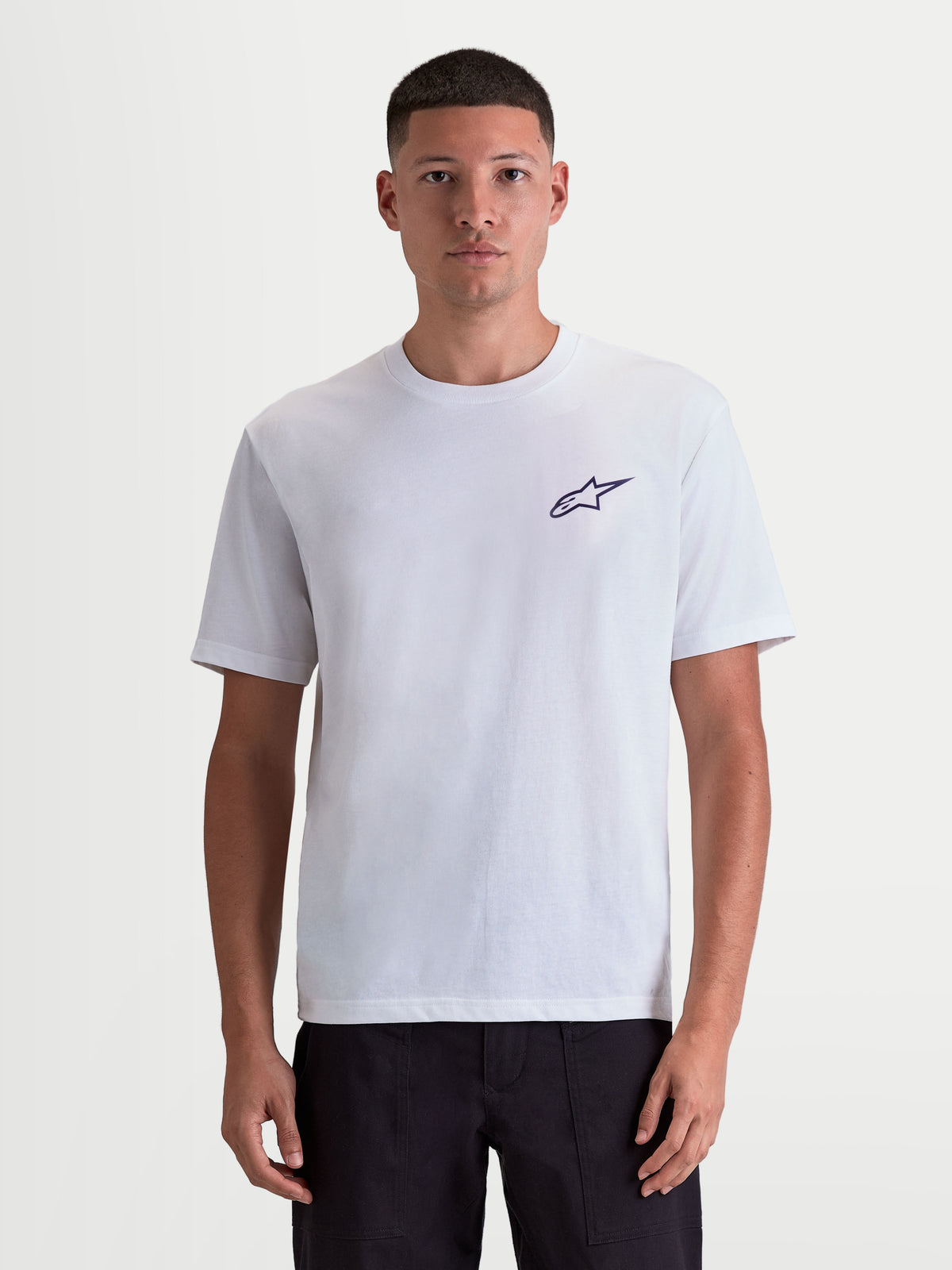 Alpinestars Combo Back CSF Tee, Short Sleeve Casual Sportswear T-shirt, White with Black Astars Logo, Front View on Model, Cotton-Poly Blend Construction