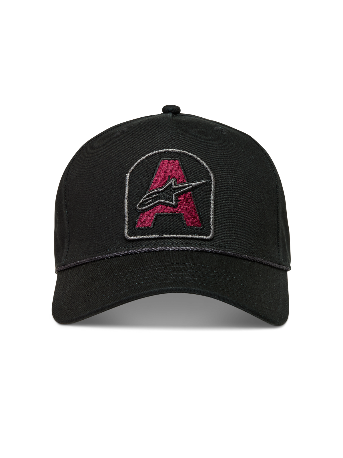 Alpinestars Acme Snapback Hat, black cotton twill cap with a burgundy Astars logo patch and rope trim detail.