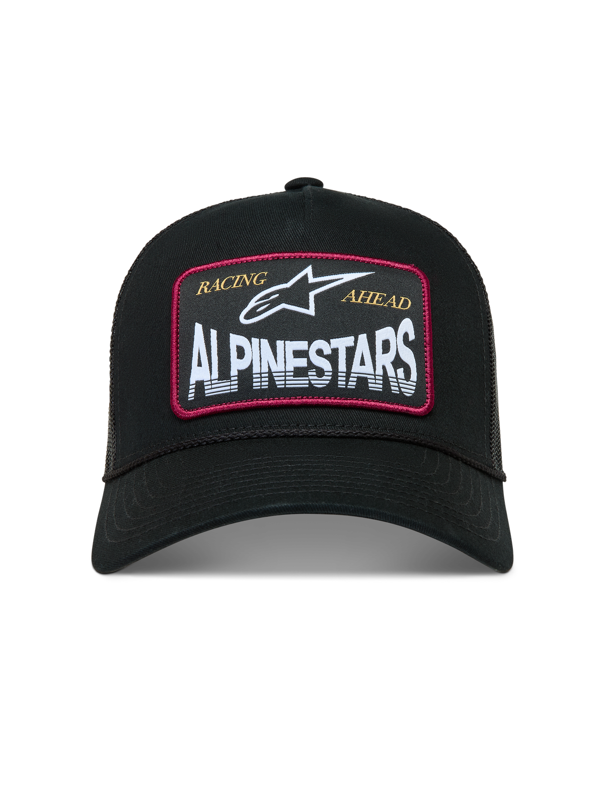 Alpinestars Hemmings Trucker Hat, black sportswear cap with a white logo patch, red accents, and breathable mesh back.