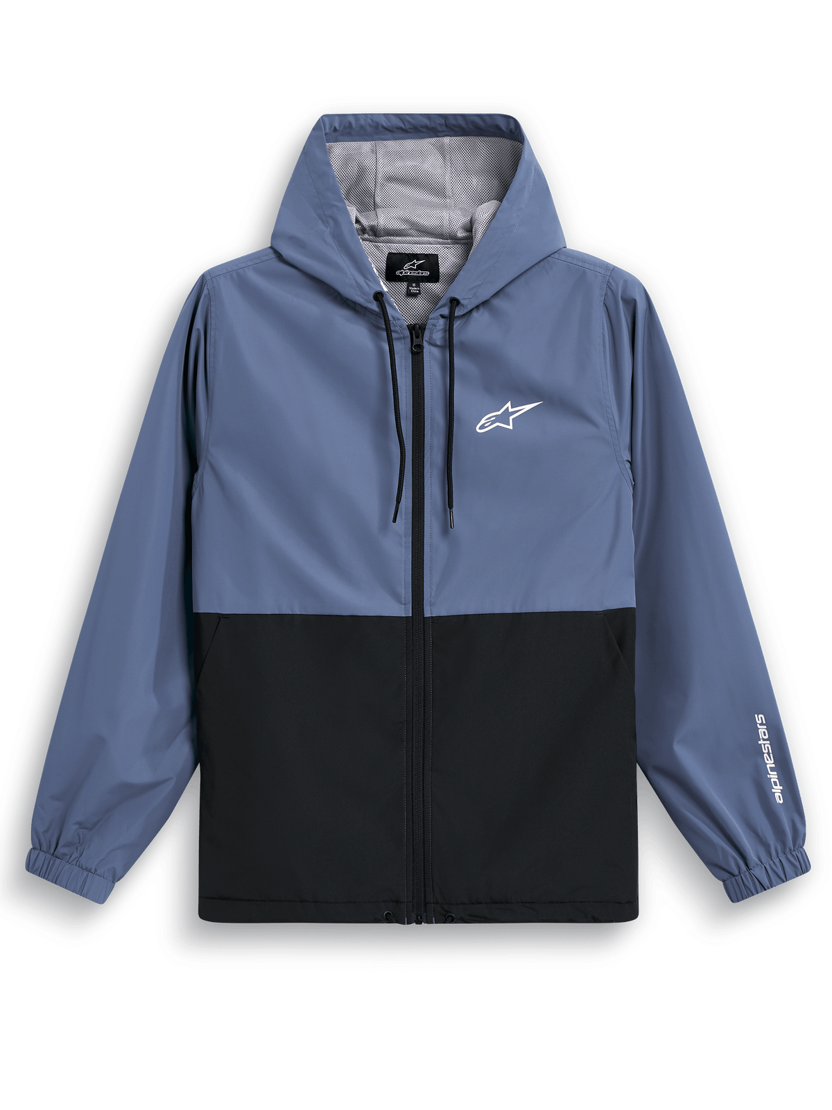 Alpinestars Speeder Windbreaker Jacket, Lightweight Hooded Windbreaker, Slate Blue and Black, two-tone blocked design with white logo on chest and sleeve branding, mesh lining and adjustable drawcord hood