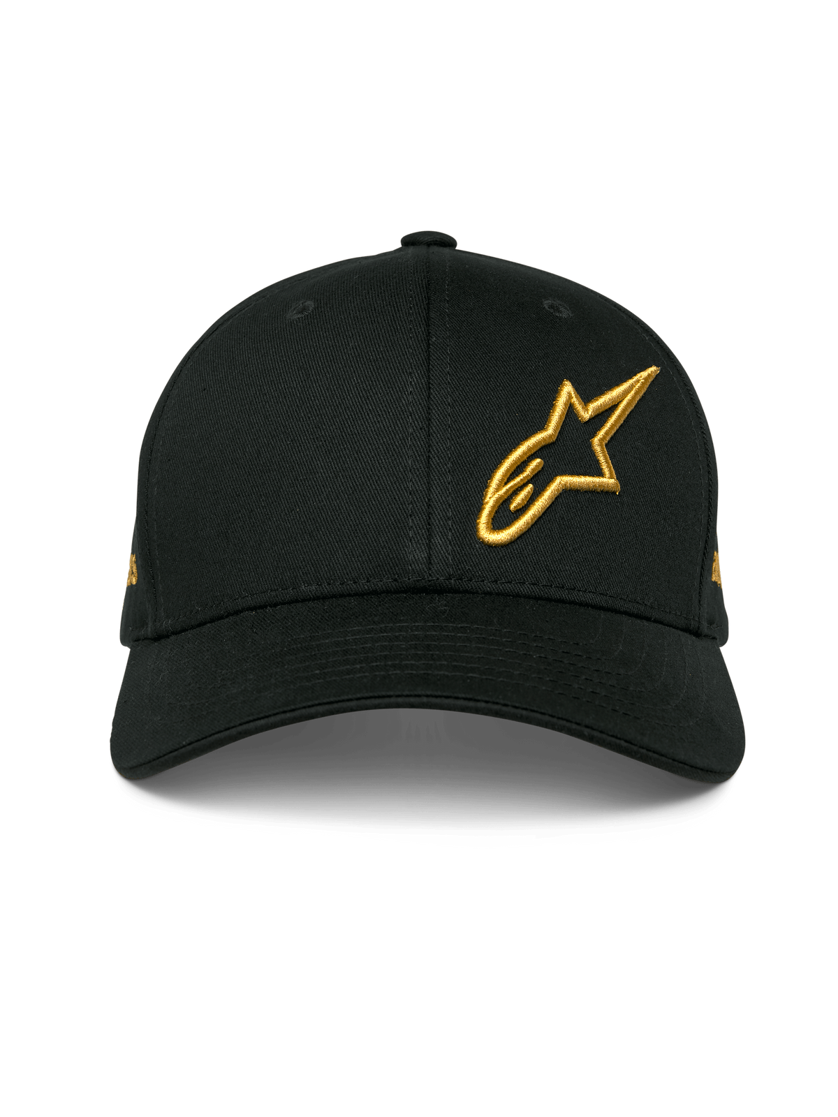 Alpinestars Sessionized Hat, Black curved bill snapback cap, gold 3D embroidered Astars logo on front left, structured cotton twill design, casual motorsport headwear