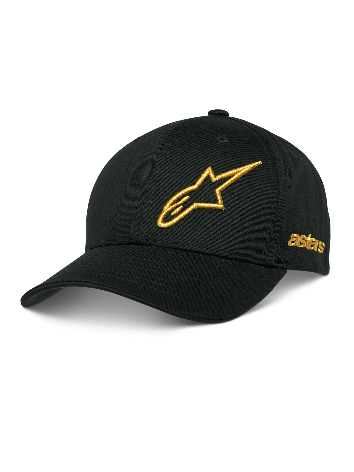 Alpinestars Sessionized Hat, Black Baseball Cap, Gold 3D Embroidered Star Logo, Curved Brim, side astars embroidery, Casual Motorsport Headwear