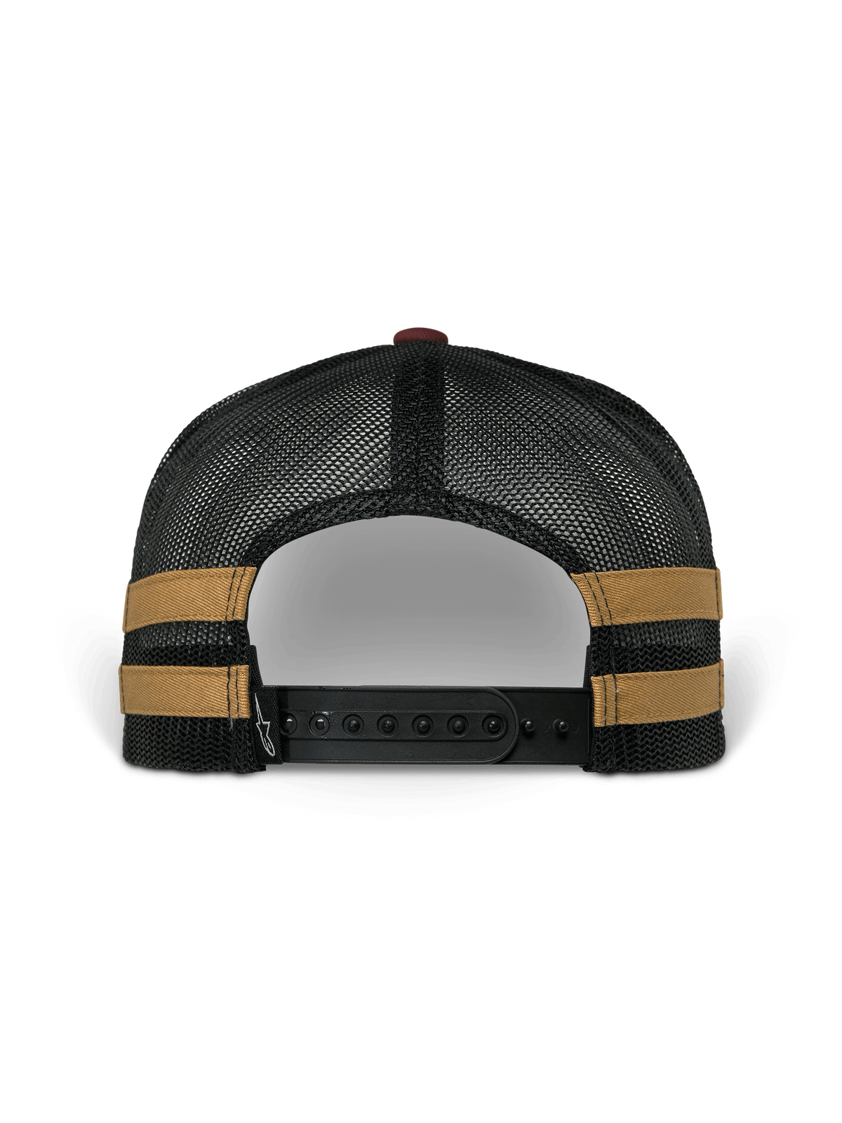 Alpinestars Backline Trucker Hat, back view, black poly mesh back with mustard side stripes, adjustable black snapback closure, casual motorsport-inspired headwear