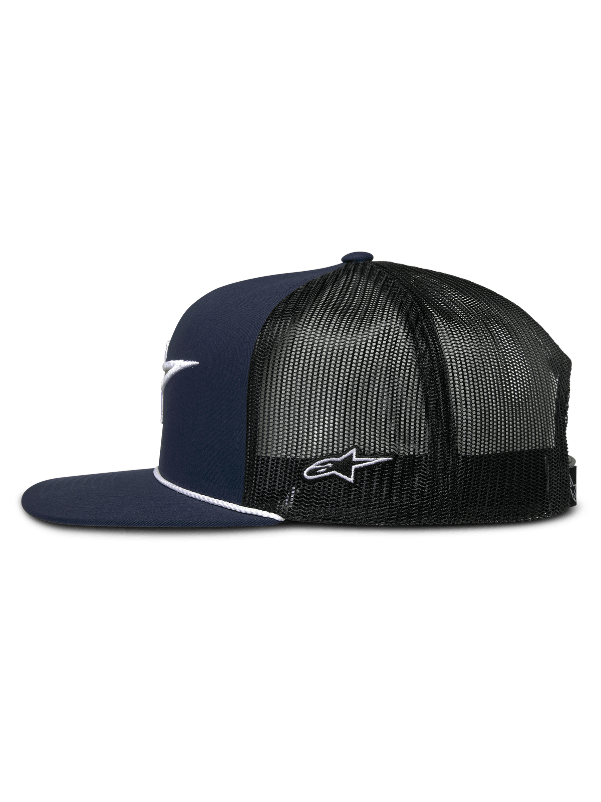 Alpinestars Orion Trucker Hat, Navy Blue and Black, side view, structured crown with flat bill and white rope trim, breathable black mesh back with white logo embroidery, casual motorsport-inspired headwear