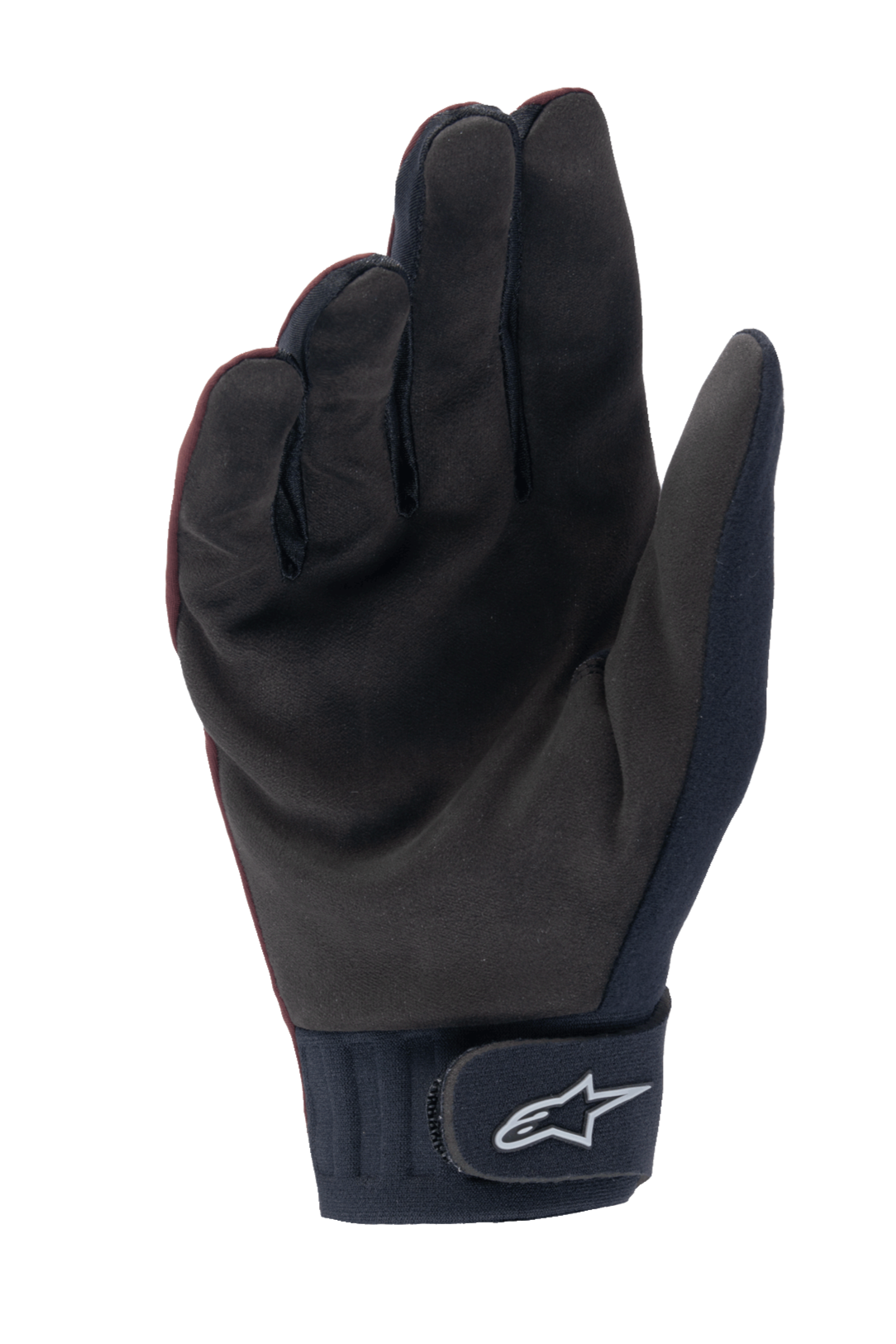 Alpinestars Stella A-Dura Thermal Gloves, Women's MTB Gloves, Dark Burgundy and Black, palm view showing synthetic suede material, neoprene cuff with hook-and-loop strap featuring white Alpinestars logo, designed for cold weather cycling