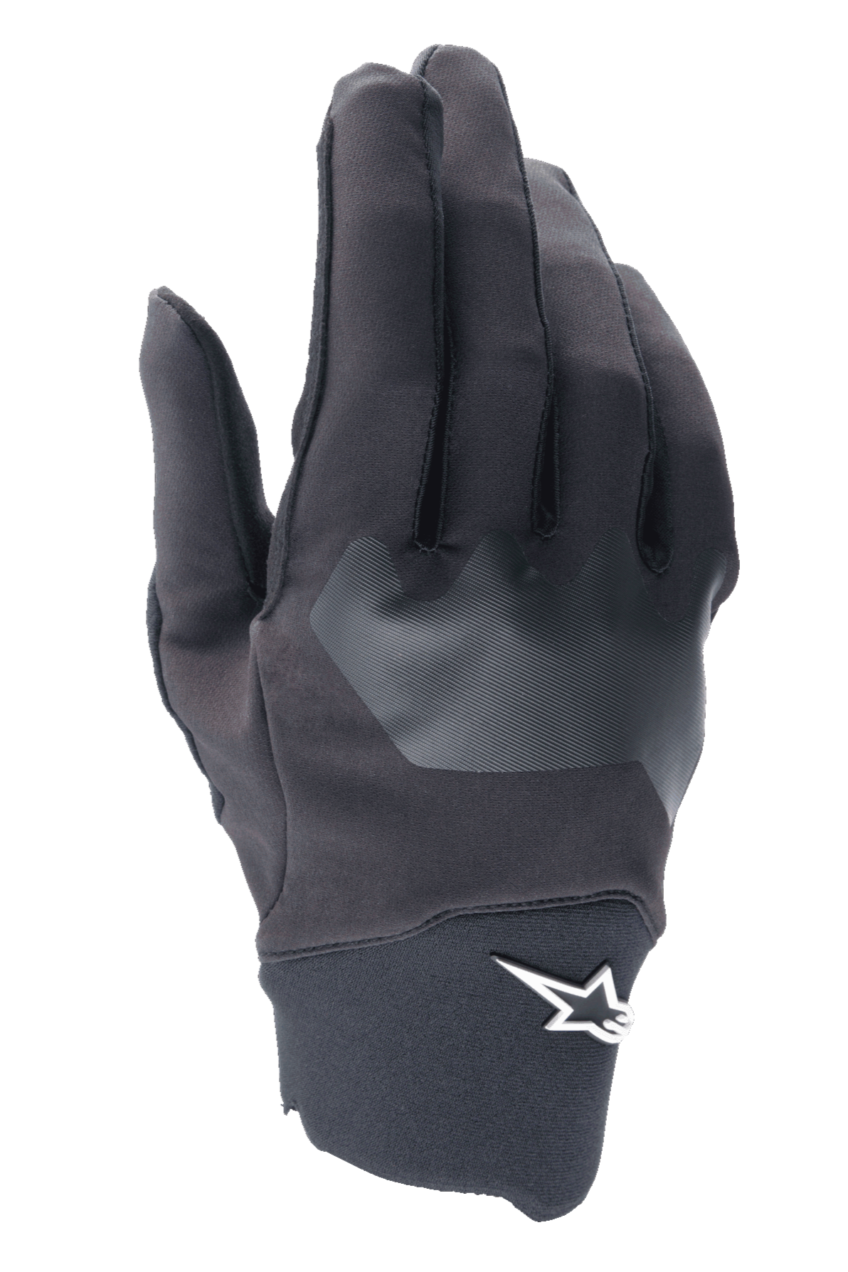 Alpinestars A-Supra Gloves, MTB Cycling Gloves, Black with gray textured patch, white star logo on the wrist, flexible spandex material for mountain bike and off-road riding