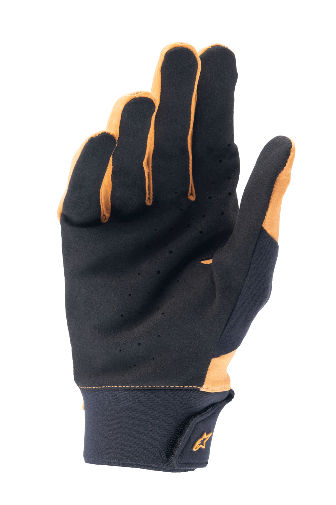 Alpinestars A-Supra Gloves, Dark Gold and Black, palm view showing perforated synthetic suede for ventilation and grip, wide neoprene cuff with hook and loop closure and gold logo, cycling gloves for mountain biking