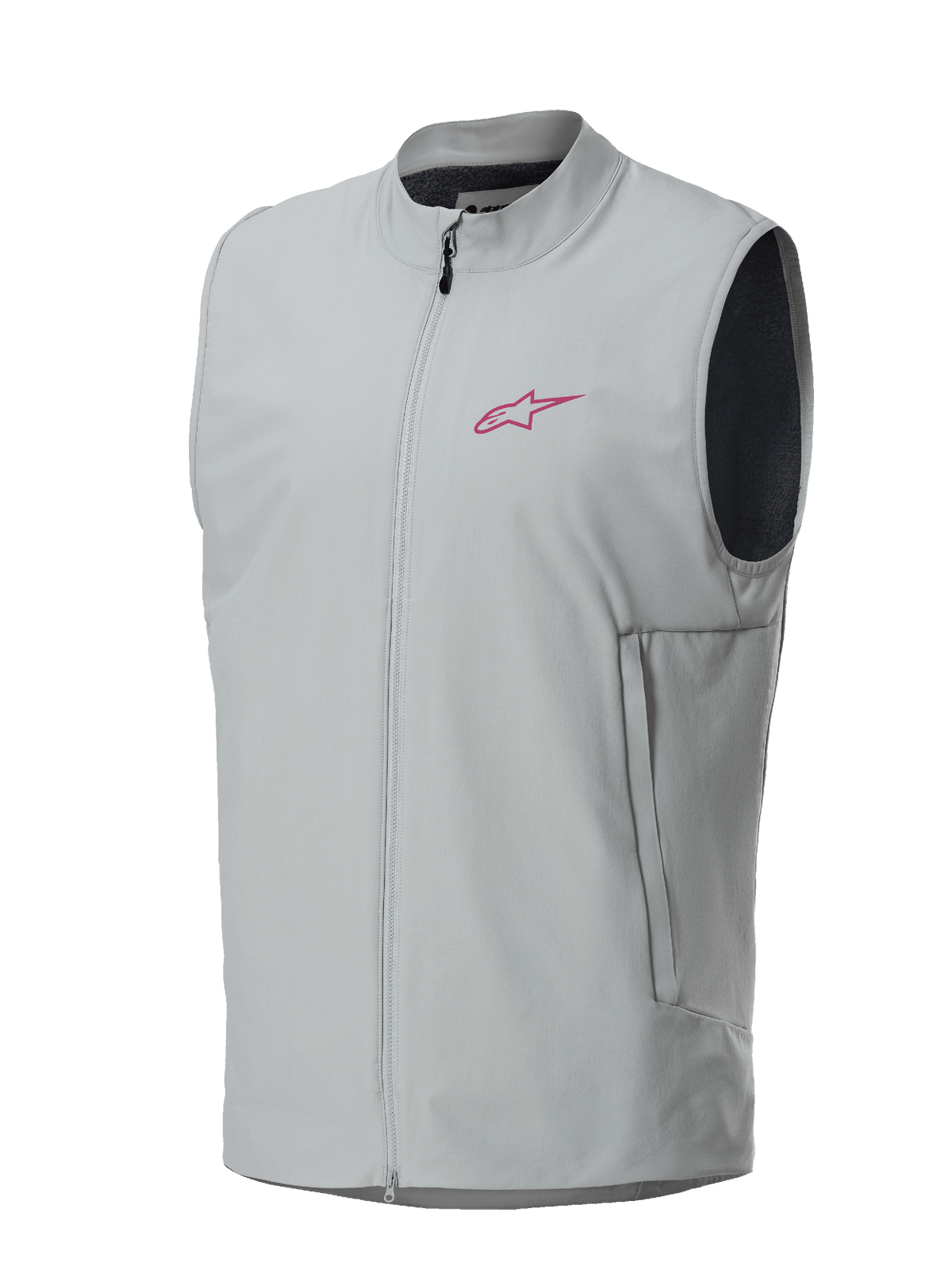 Alpinestars A-Dura Thermal Vest, Titanium Gray, magenta Alpinestars star logo on the chest, full-zip front with vertical side pockets, lightweight insulated gilet for mountain biking and trail riding