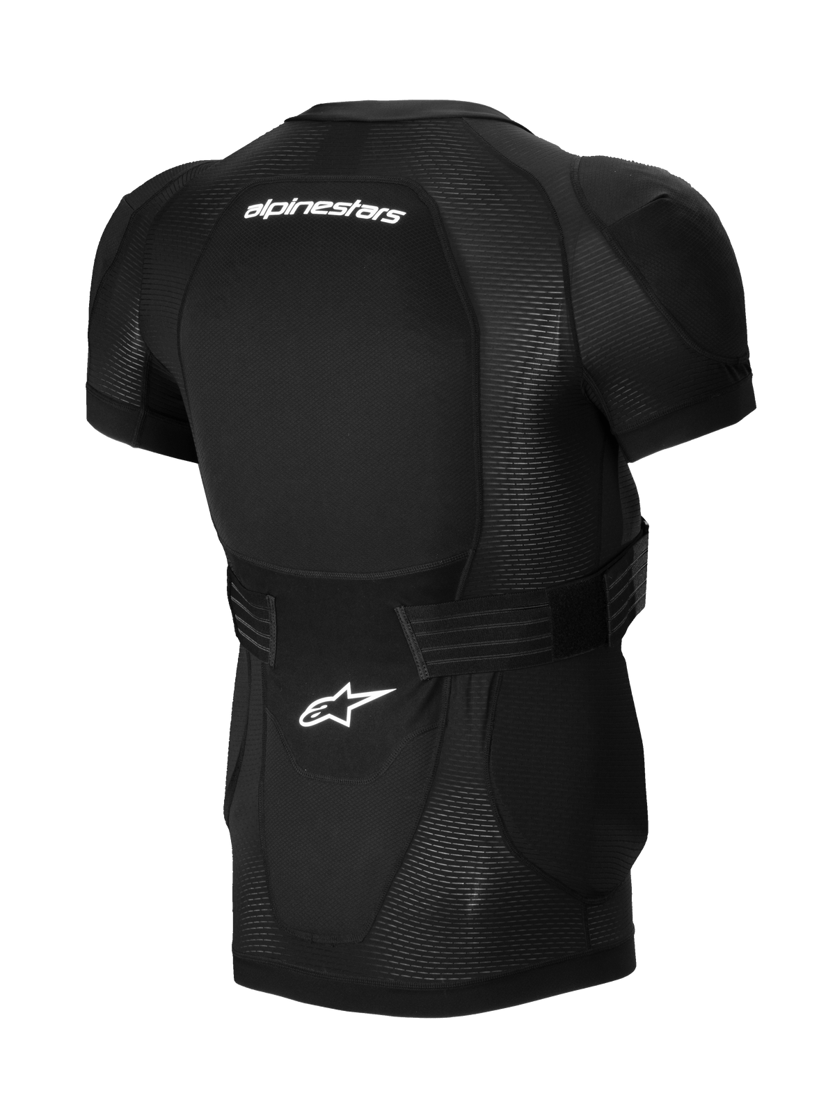 Alpinestars A-Impact Plasma Protection Jacket - Short Sleeve, Black, Rear view featuring integrated back protector, white Alpinestars branding, adjustable waist strap, and breathable mesh construction for MTB protection