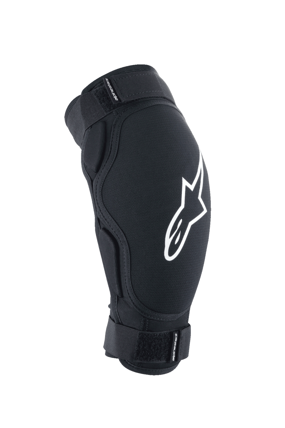 Alpinestars A-Impact Plasma Pro Elbow Protector, MTB Protective Gear, Black with white logo, featuring dual adjustable Velcro straps and an ergonomic pre-curved design