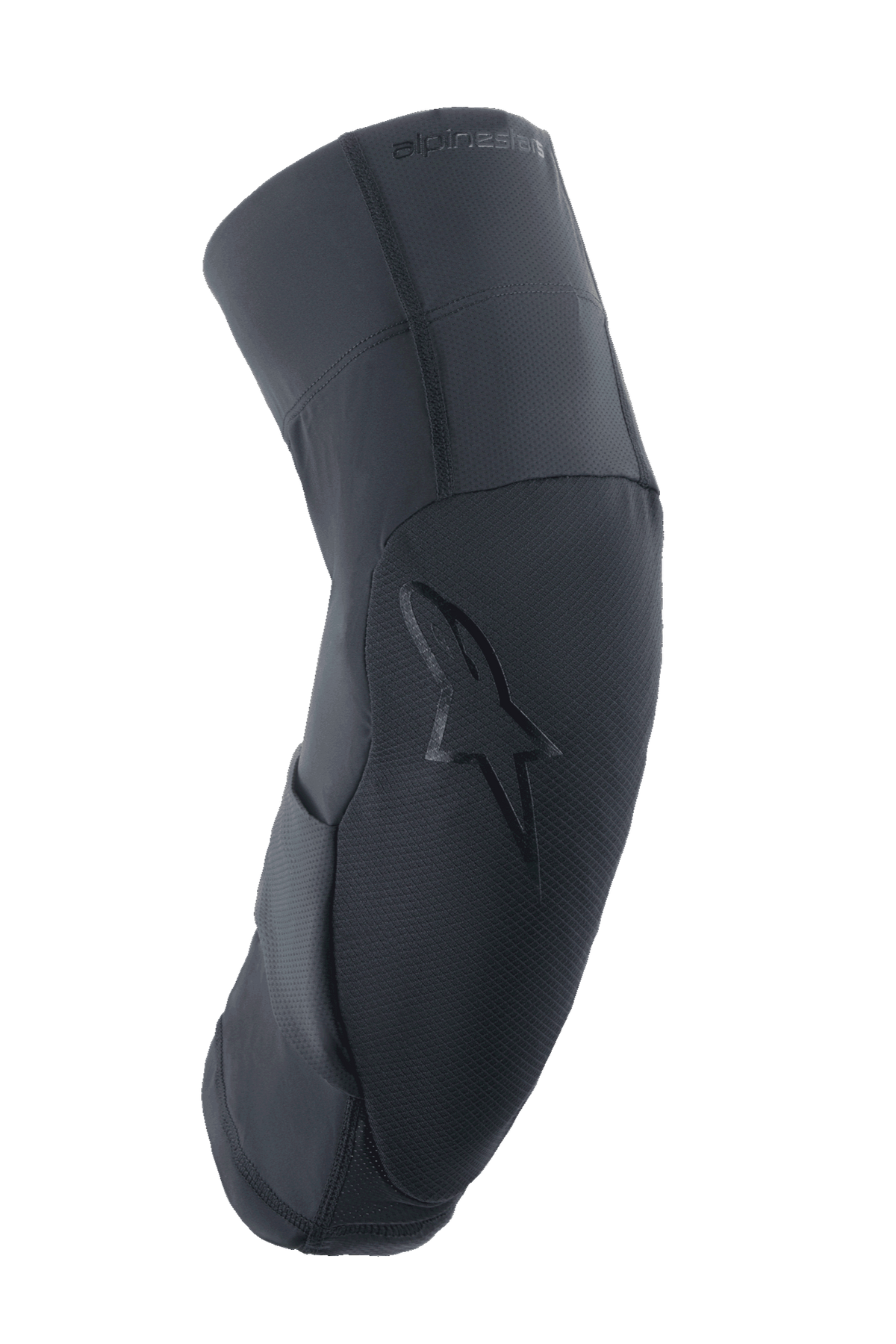Alpinestars A-Motion Plasma Pro Knee Protector, Black, side profile showing curved ergonomic design, textured front panel with tonal star logo, breathable stretch mesh and ripstop fabrics, lightweight protection for MTB and trail riding