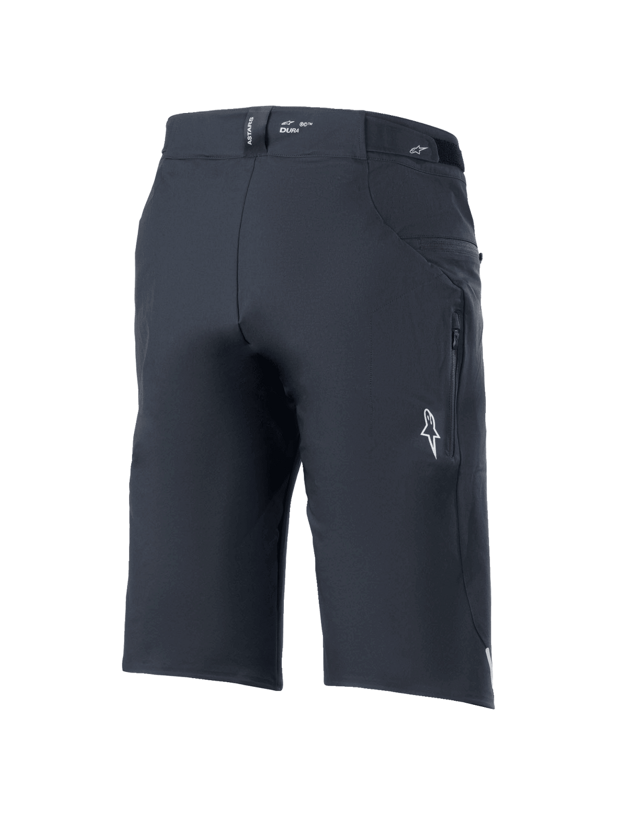 Alpinestars A-Dura Elite Shorts, Mountain Bike Shorts, Black, rear three-quarter view featuring zippered side pocket, white Astars logo, and "DURA" branding on the waistband, durable 4-way stretch Cordura fabric for off-road cycling