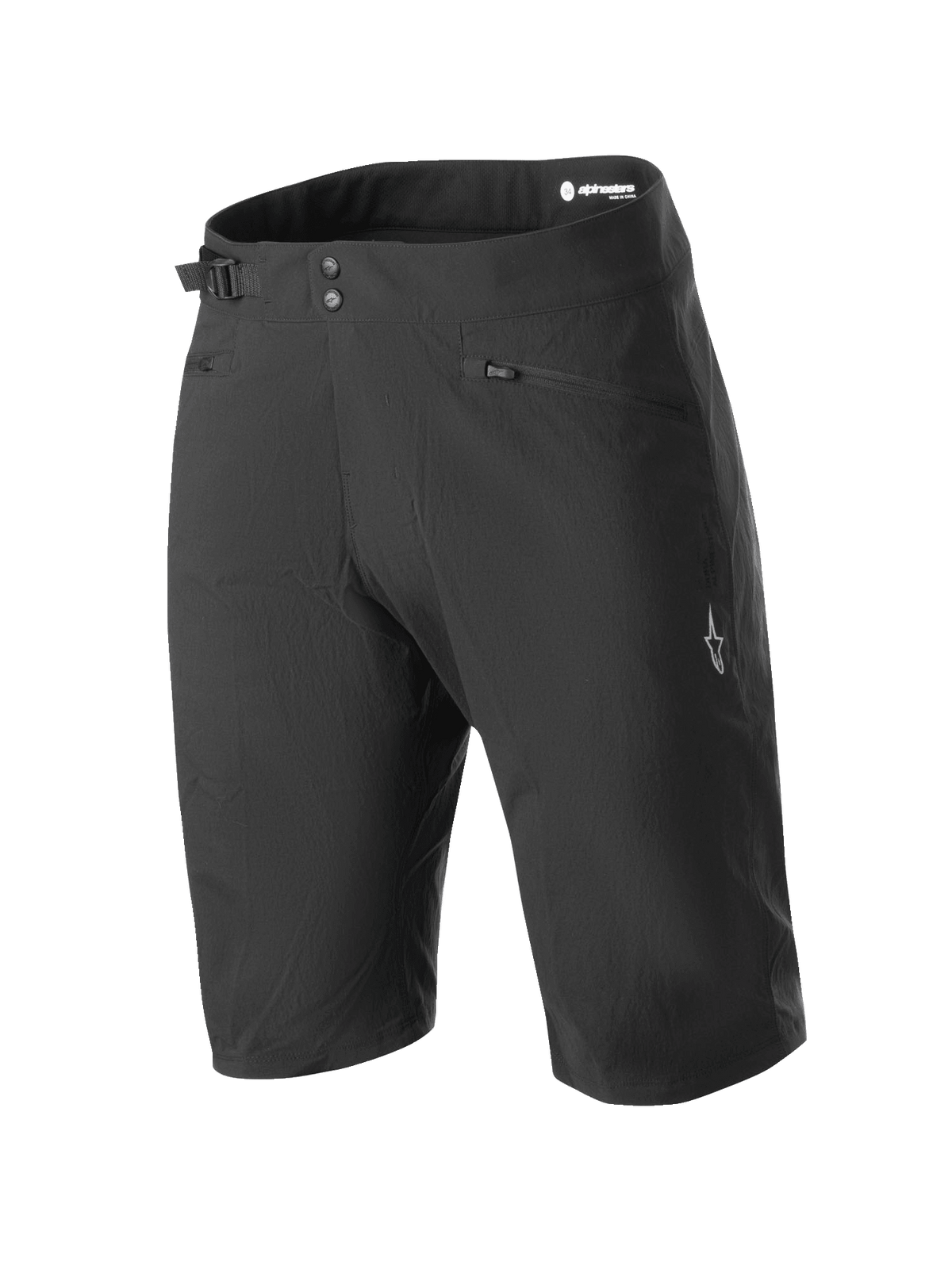 Alpinestars Stella A-Dura Shorts, Women's MTB Mountain Biking Shorts, Black, featuring a double snap closure and side waist cinch adjuster, zippered pockets, knee-length technical design in durable 2-way stretch fabric