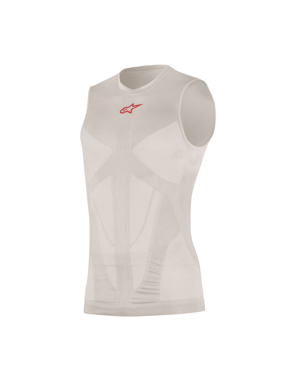 Alpinestars Tech Tank Summer, Sleeveless Base Layer, Silver Red, featuring a small red logo on the chest, body-mapped mesh ventilation panels, seamless tubular construction, ultra-lightweight technical knit