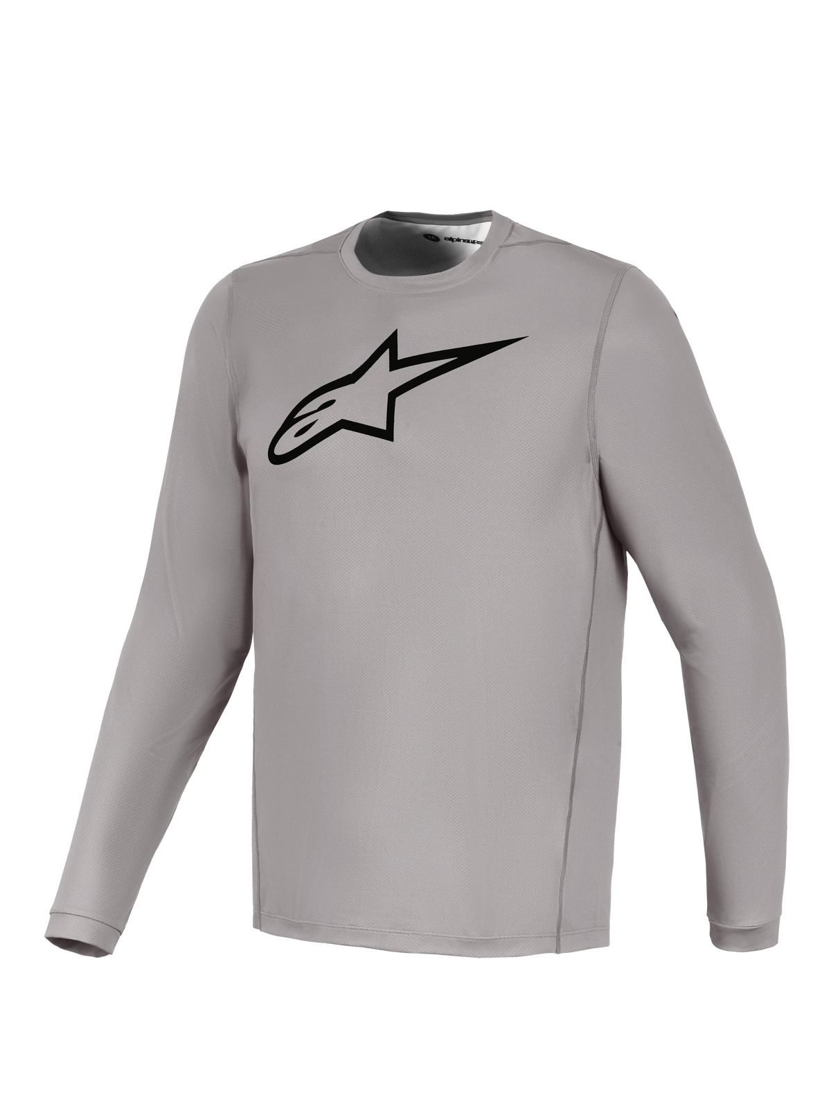 Alpinestars Gray A-Dura Ride Long Sleeve Jersey with a black chest logo, breathable stretch fabric for mountain biking.
