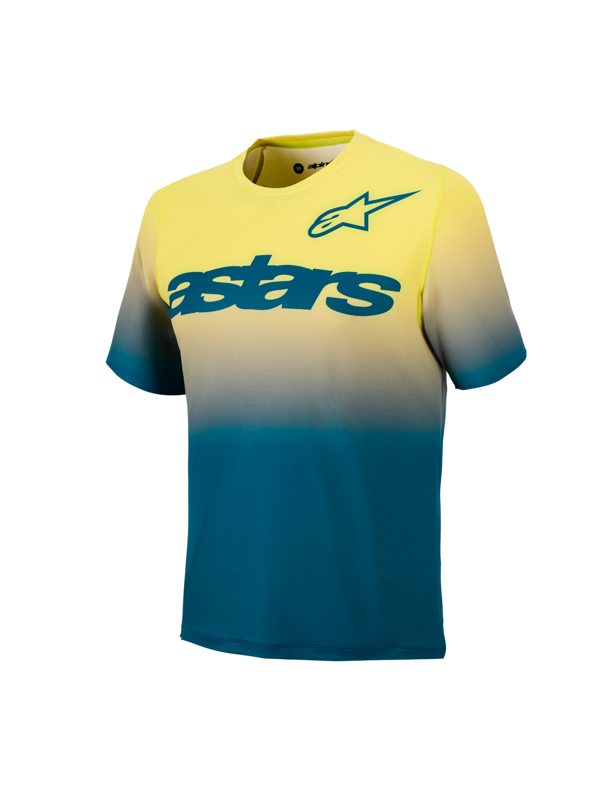 A-Dura ASTARS Jersey 2.0, short sleeve MTB top in Yellow Fluo and Blue Green gradient with bold teal chest branding.