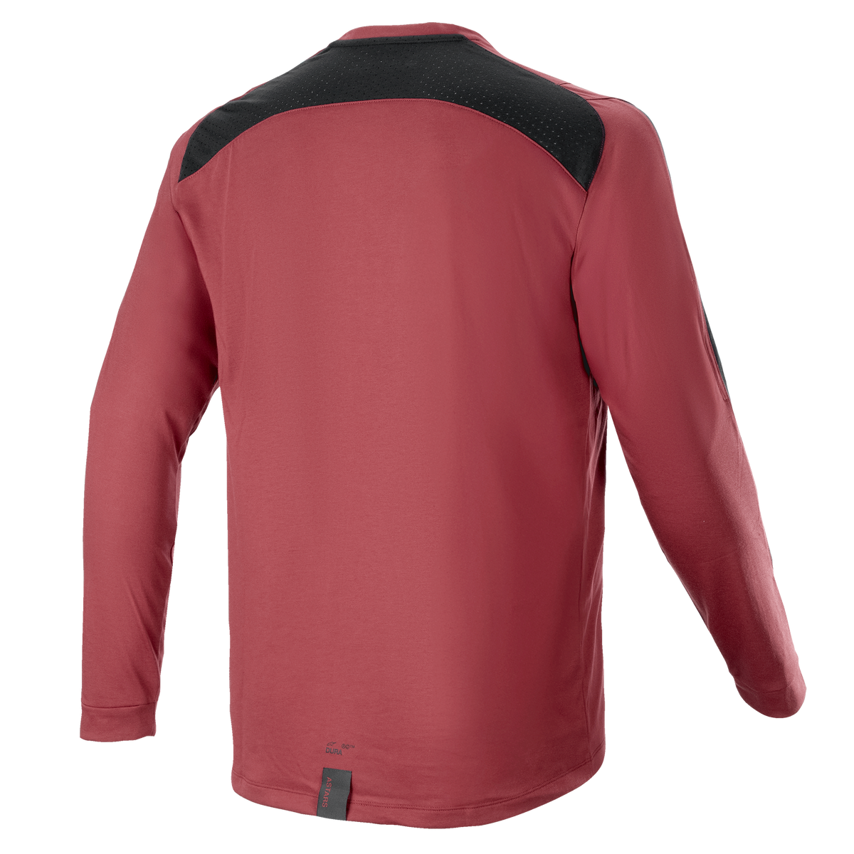 Alpinestars A-Dura Dri Astar Long Sleeve Jersey, Burgundy, Mountain Bike Jersey, back view with black mesh ventilation panel on shoulders, long sleeves, performance technical fabric for off-road cycling