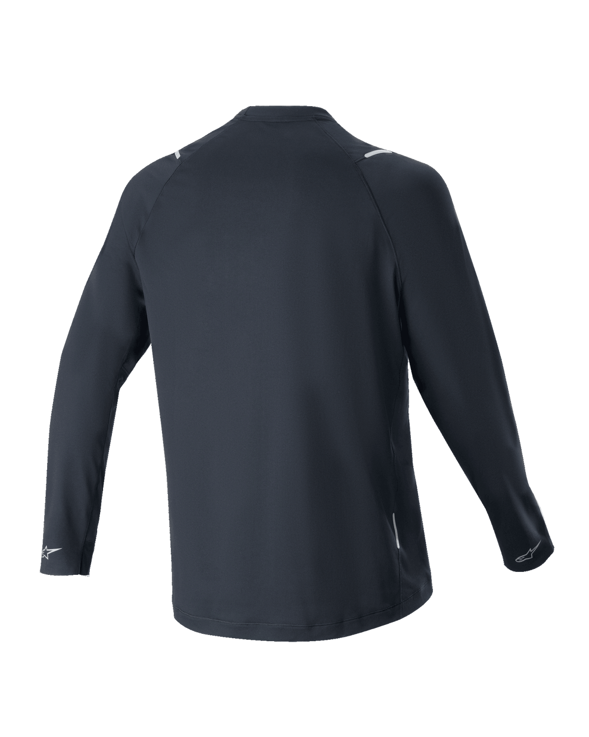 Alpinestars A-Aria Switch Long Sleeve Jersey, Black, Back View, lightweight and breathable polyester fabric, featuring a longer drop tail for coverage and reflective Alpinestars logos on the cuffs, performance fit for mountain bike riding