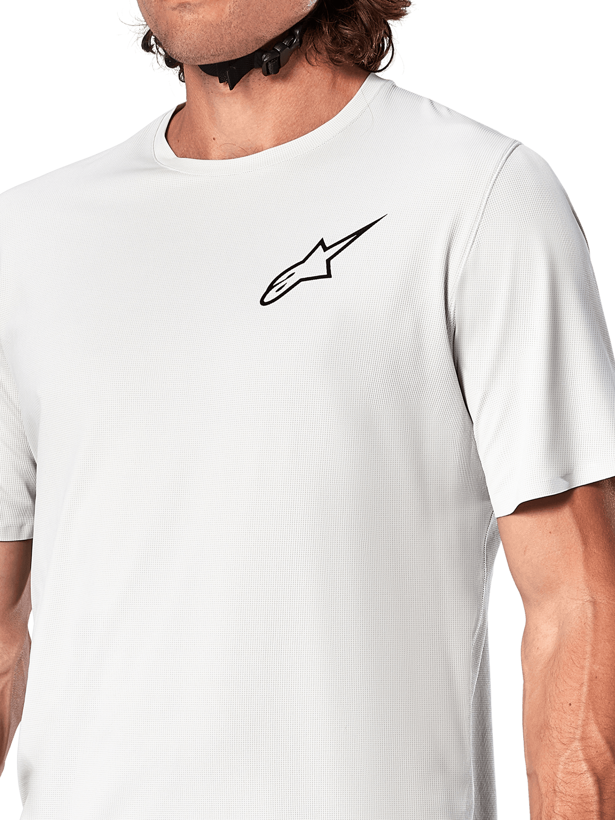 Alpinestars A-Aria Astar Jersey, Short Sleeve Cycling Jersey, White Dove, close-up view featuring a black Astar logo on the chest, breathable textured polyester material, lightweight performance fit for mountain biking