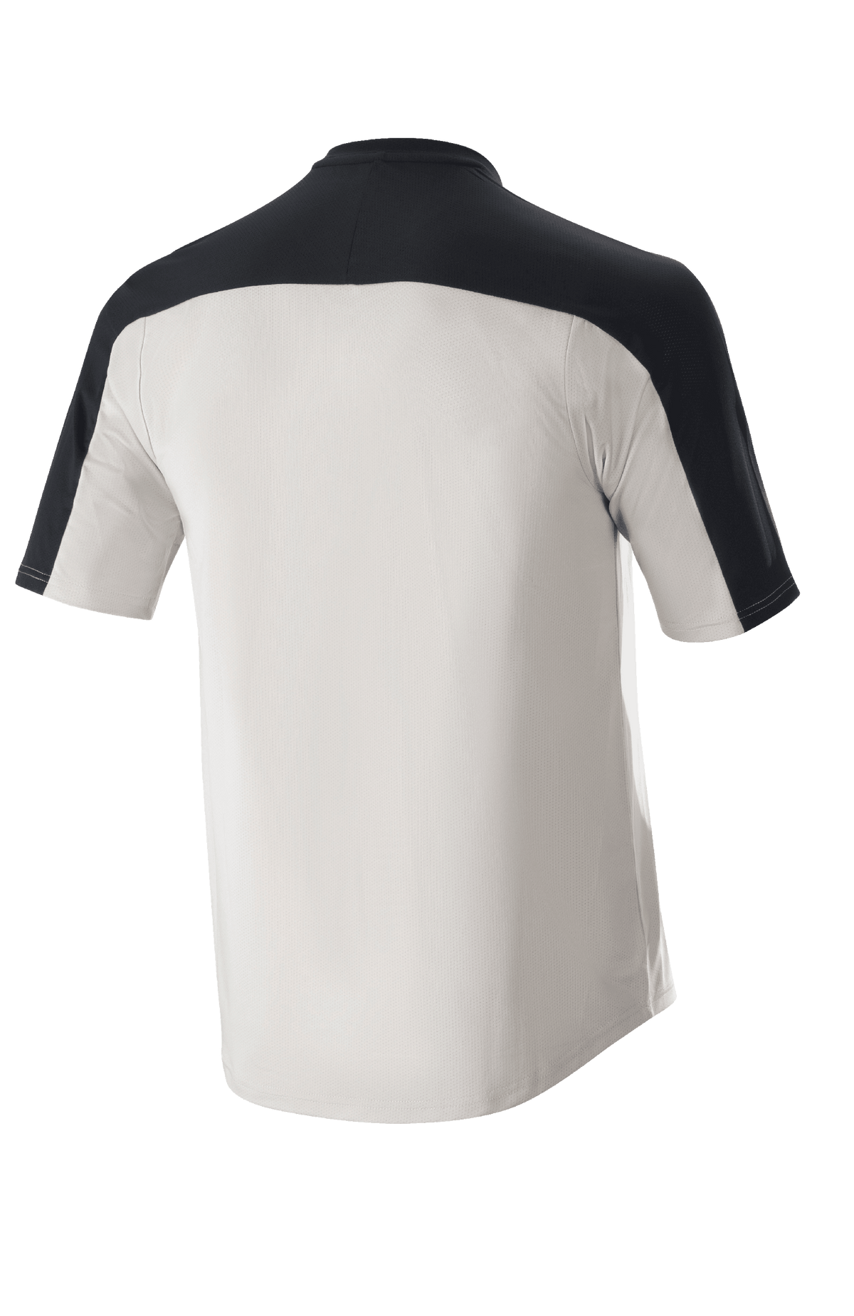 Alpinestars Drop Meta Jersey - Short Sleeve, MTB Jersey, Light Gray and Black, back view featuring a black shoulder yoke and extended tail, breathable mesh construction for off-road cycling