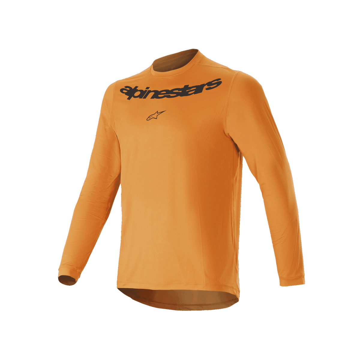 Alpinestars A-Dura Rocker Long Sleeve Jersey, Mountain Bike Jersey, Dark Gold, featuring black Alpinestars wordmark screen print on chest, lightweight jacquard fabric with drop tail, performance cycling activewear