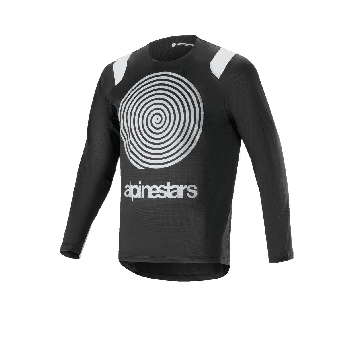 Alpinestars A-Supra Oscar Long Sleeve Jersey, Black cycling jersey, featuring a large white Oscar spiral graphic on the chest, white shoulder accents, Alpinestars logo, lightweight and breathable for MTB gravity riding