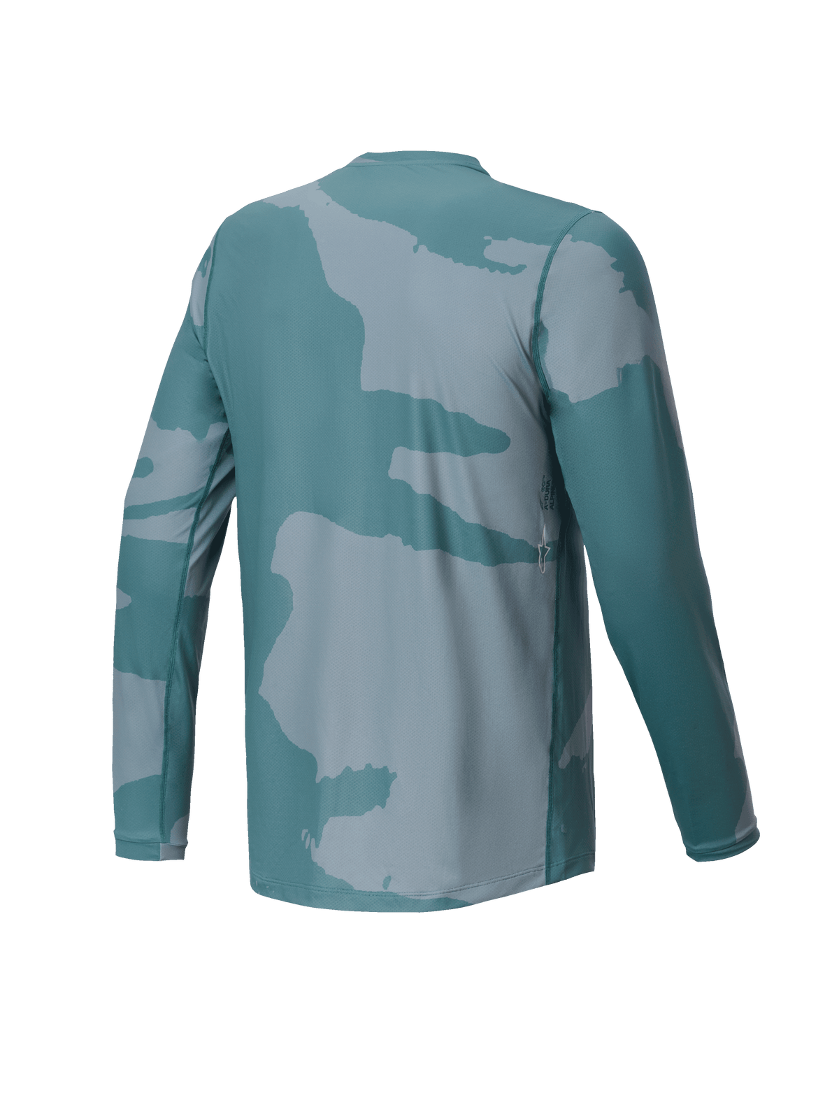 Alpinestars Youth A-Dura Hollow Camo Jersey, Long Sleeve MTB Jersey, Silver Pine Camo Green, back view featuring a small logo detail and dropped tail for cycling coverage