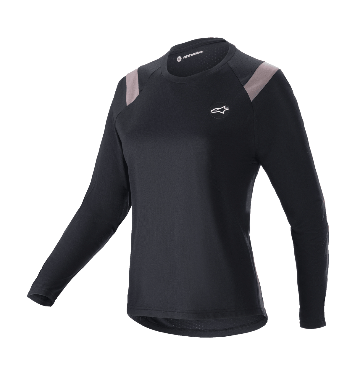 Alpinestars Stella Alps Escape Jersey, Long Sleeve Women's Mountain Bike Jersey, Black with Light Gray Shoulder Panels, Round Neck, Small White Chest Logo, Performance Athletic Fit