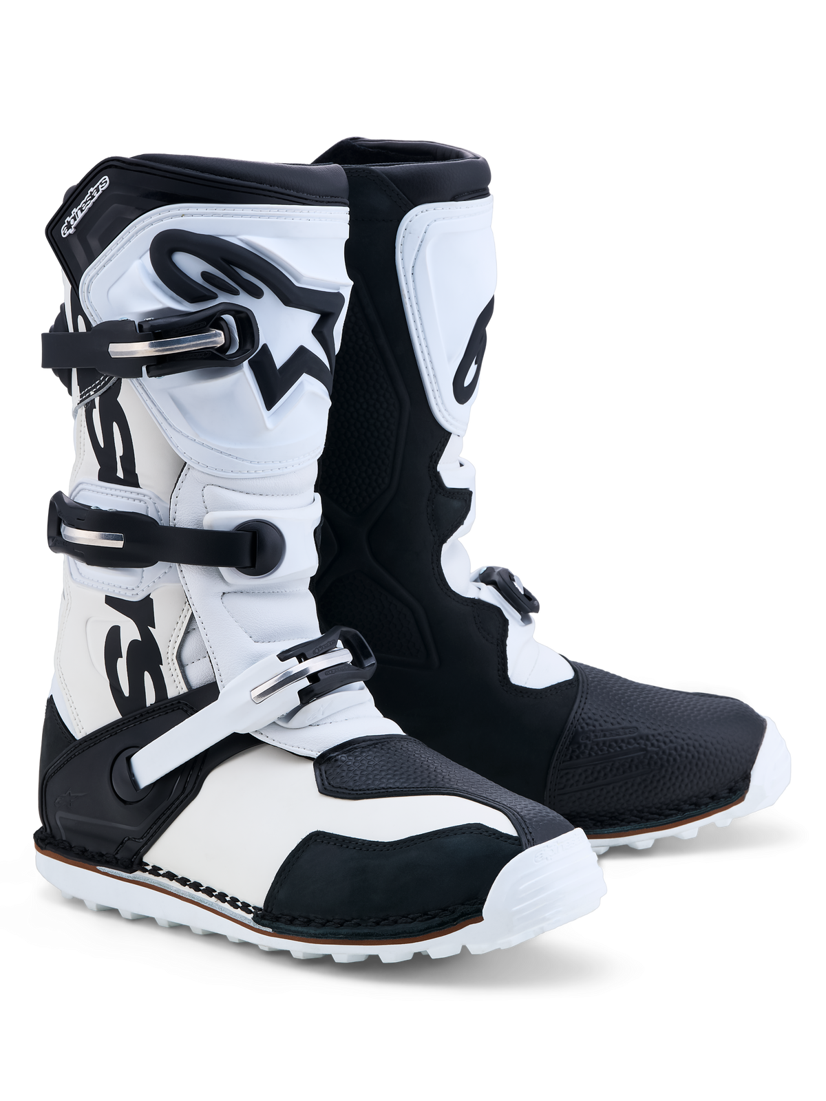Alpinestars Tech-T Trials Boots, black and white leather motorcycle boots with triple buckle closure and TPU shinplates.
