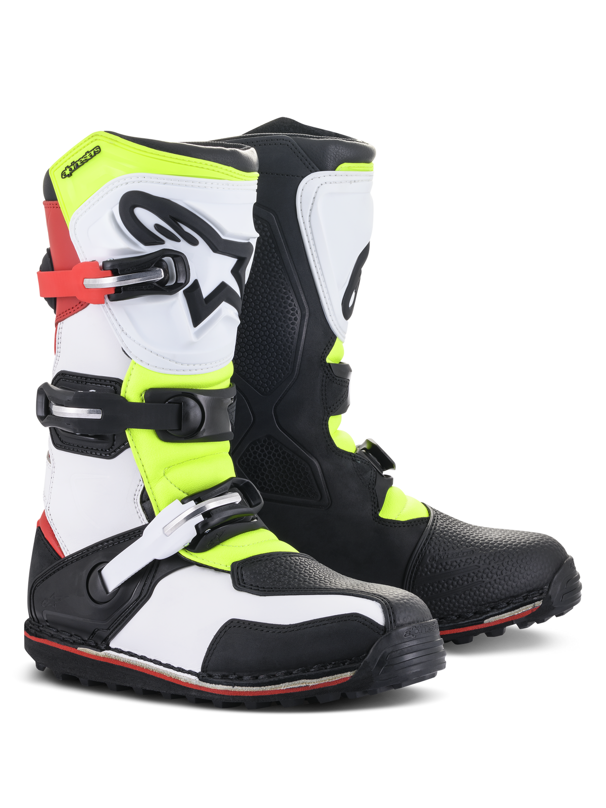 Alpinestars Tech-T Boots, Trials Motorcycle Footwear, White Red Yellow Fluo and Black, featuring an ergonomic shinplate with star logo, secure buckle closures, and specialized sole for technical off-road riding
