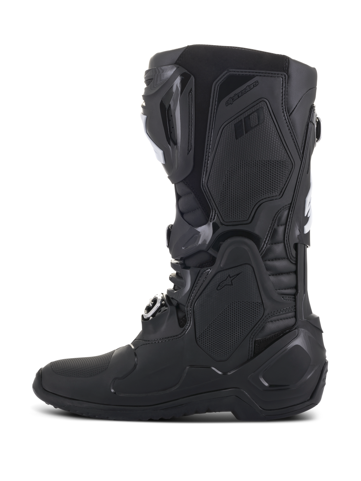 Alpinestars Tech 10 Boots, Black motocross boots, side profile view, featuring advanced TPU shell construction, streamlined design with buckle closures, and textured protective panels for professional off-road racing performance