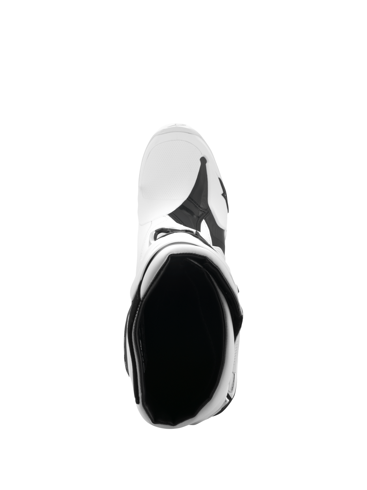 Alpinestars Tech 10 Boots, Motocross Boots, White and Black, top-down view looking into the boot interior, highlighting the padded opening and footbed, professional off-road racing footwear