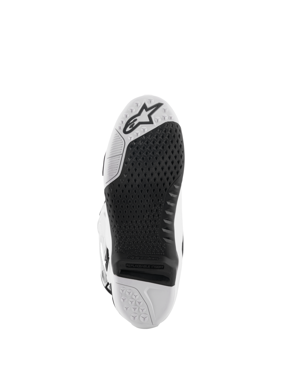 Alpinestars Tech 10 Boots, Motocross Boots, White and Black, bottom view of the sole featuring a textured grip pattern, Alpinestars logo, and a replaceable central insert for off-road racing.