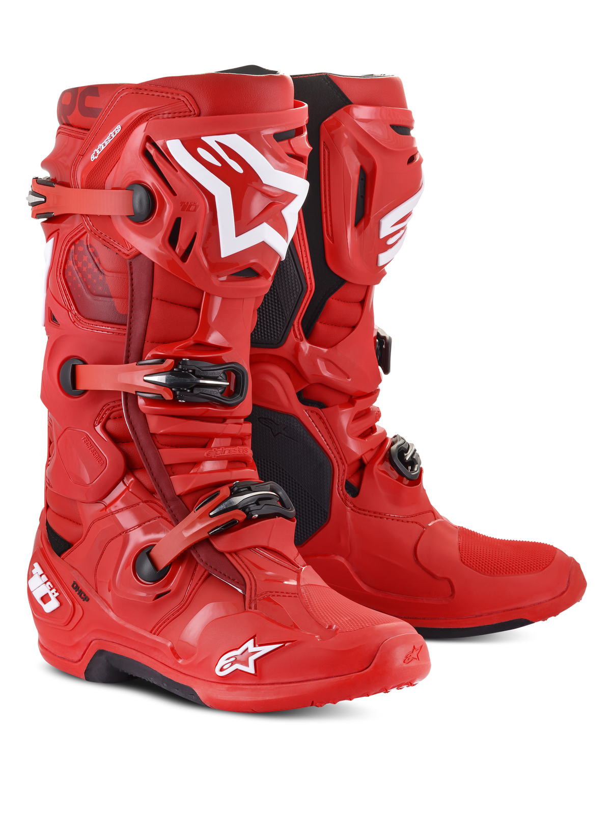 Alpinestars Tech 10 Boots, Motocross Boots, Red with white logos, featuring triple buckle closure system and black soles, durable off-road racing footwear