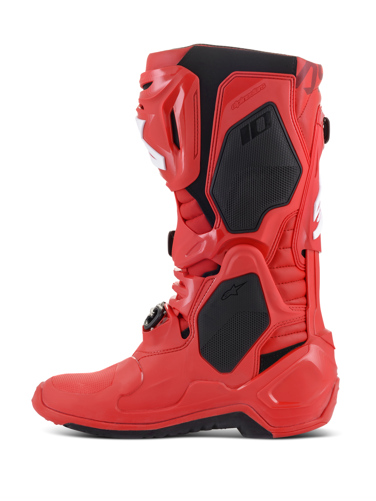 Alpinestars Tech 10 Boots, Motocross Boots, Bright Red, side profile featuring black protective panels and white accents, professional off-road racing footwear with TPU shell and buckle system