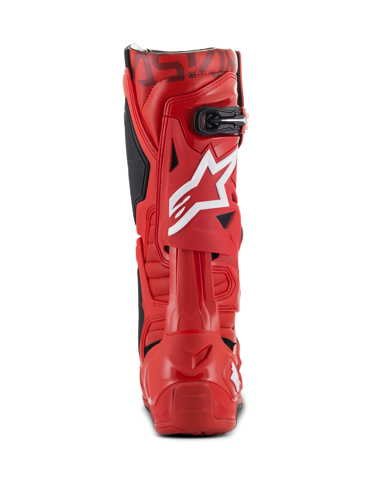 Alpinestars Tech 10 Boots, Motocross Boots, Red, rear view featuring a white star logo on the calf, black buckle at the top, and durable red TPU shell for off-road performance.