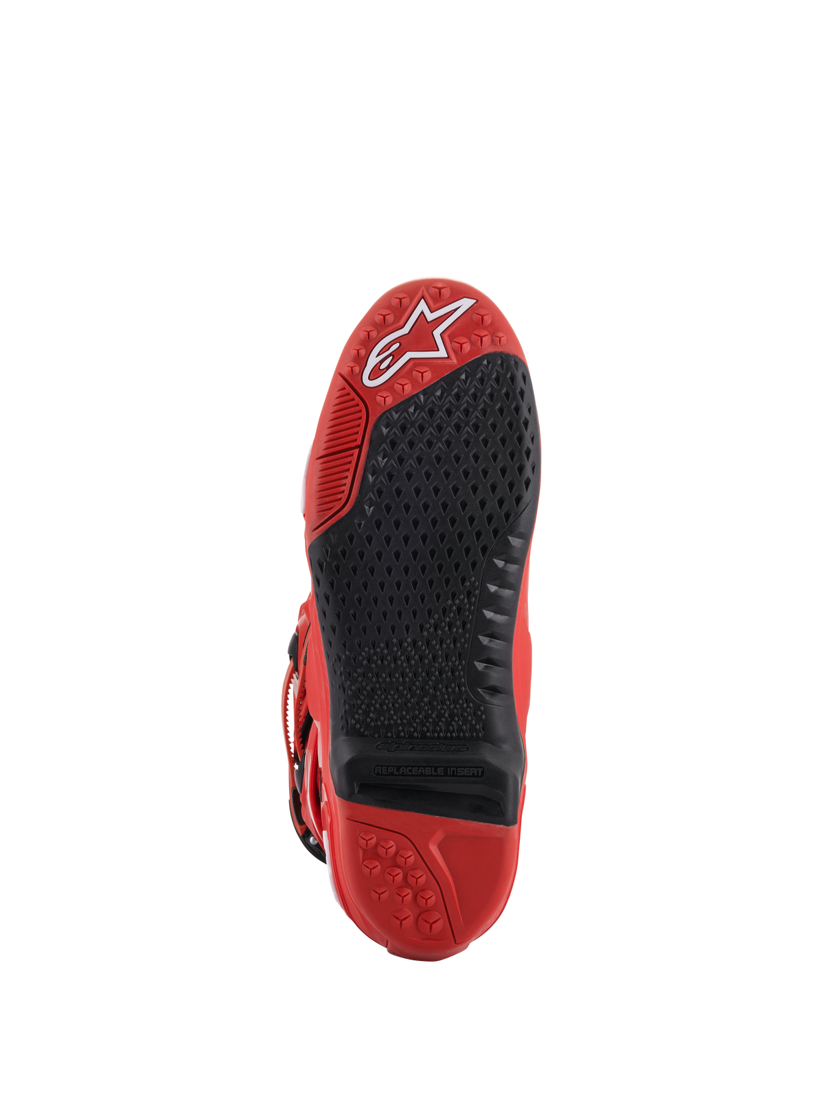 Alpinestars Tech 10 Boots, Red, Sole View, featuring a black replaceable central insert with micro-grip texture, white Alpinestars logo on the toe, durable rubber construction for motocross racing