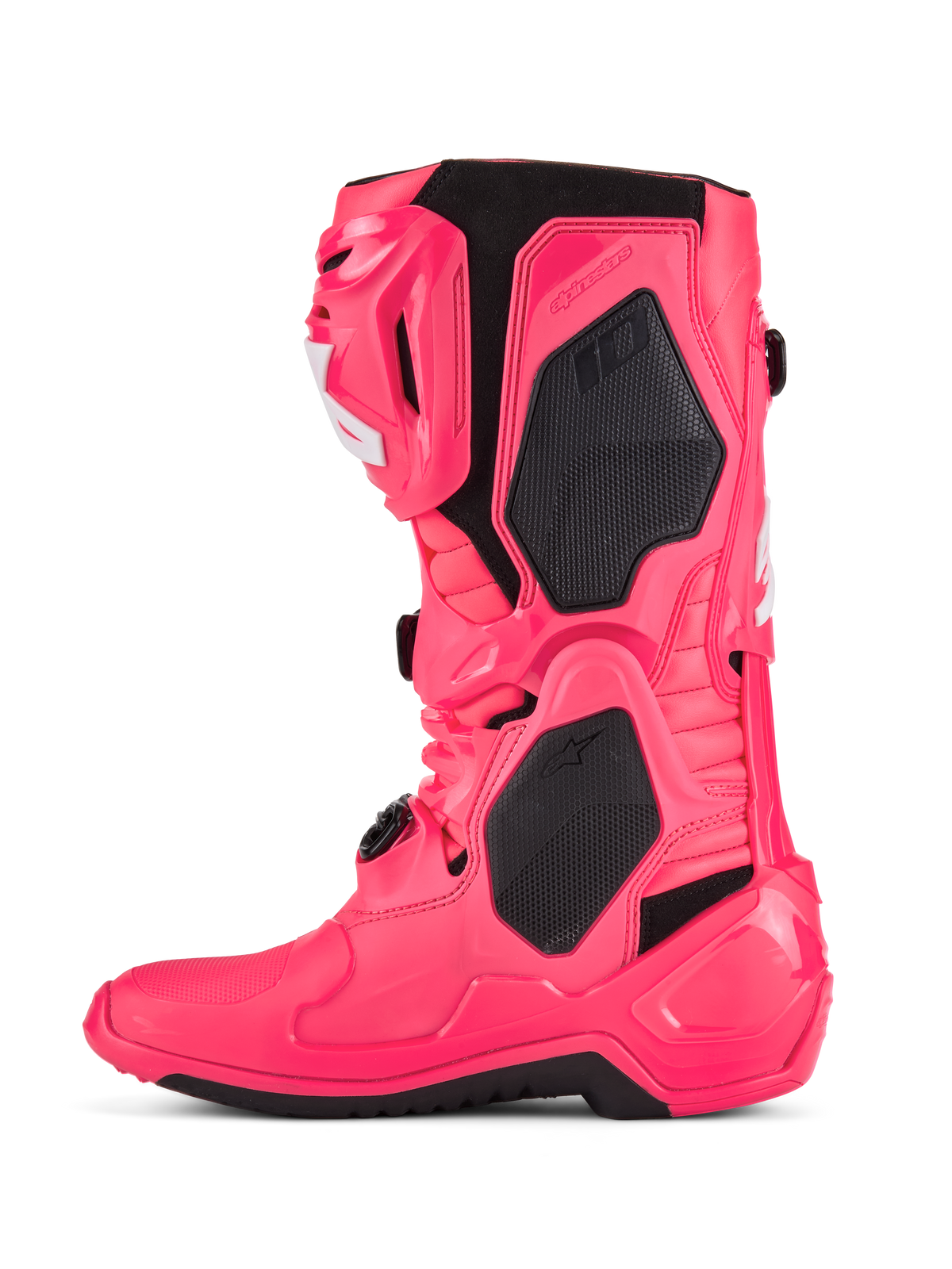 Alpinestars Tech 10 Boots, Motocross Boots, Diva Pink and White, featuring black TPU protection panels, articulated flex frame, and rugged off-road design.