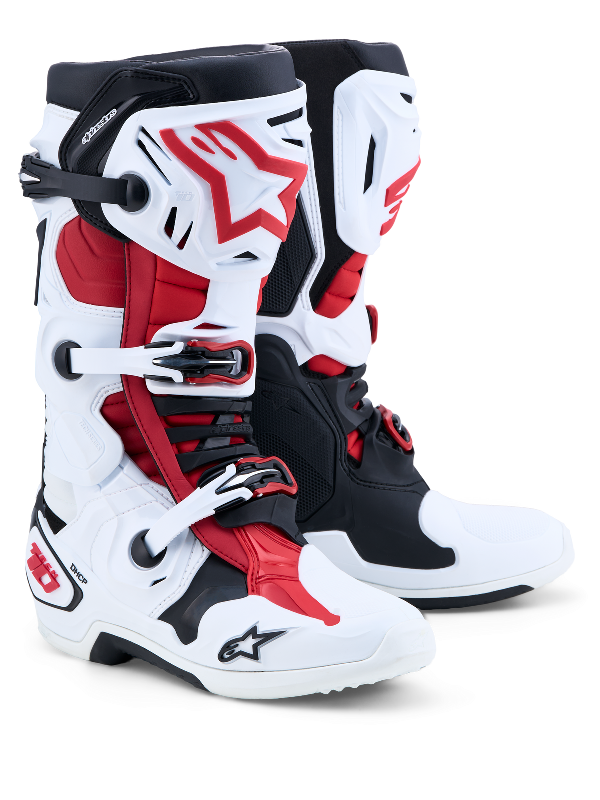 Alpinestars Tech-10 Motocross Boots, White, Black, and Bright Red, CE Certified with Frontal Flex Frame and TPU shell.