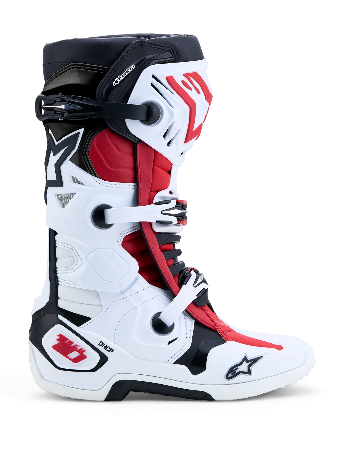 Alpinestars Tech 10 Boots, Motocross and Off-Road Boots in White, Black, and Bright Red, side view featuring durable TPU shell, buckle closure system, and Dynamic Heel Compression Protector (DHCP).