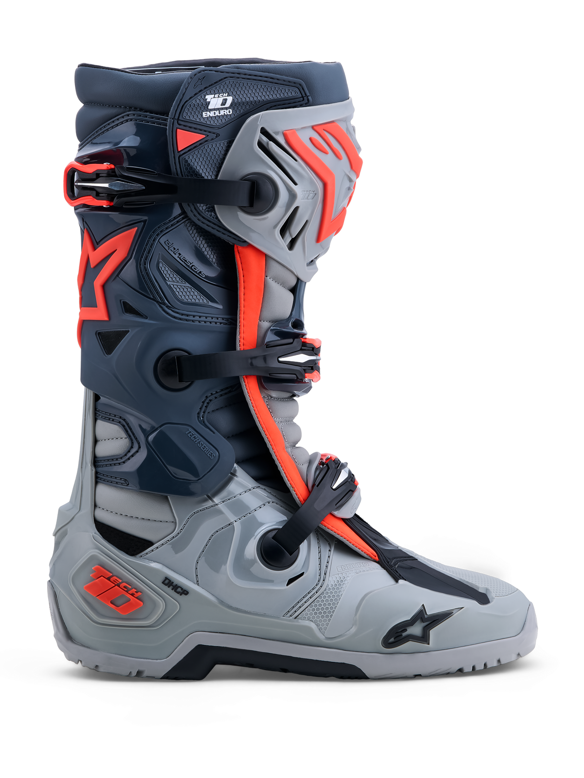 Alpinestars Tech-10 Enduro Boots, off-road racing footwear in gray and red fluo with DCHP and TPU protection.